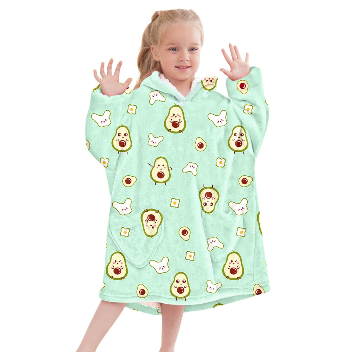 Mewkou Wearable Blanket Hoodie For Kids Oversized Sherpa Blanket Hoodie For Kids Boys Girls Toddler 2-6Yr,Green Avocado