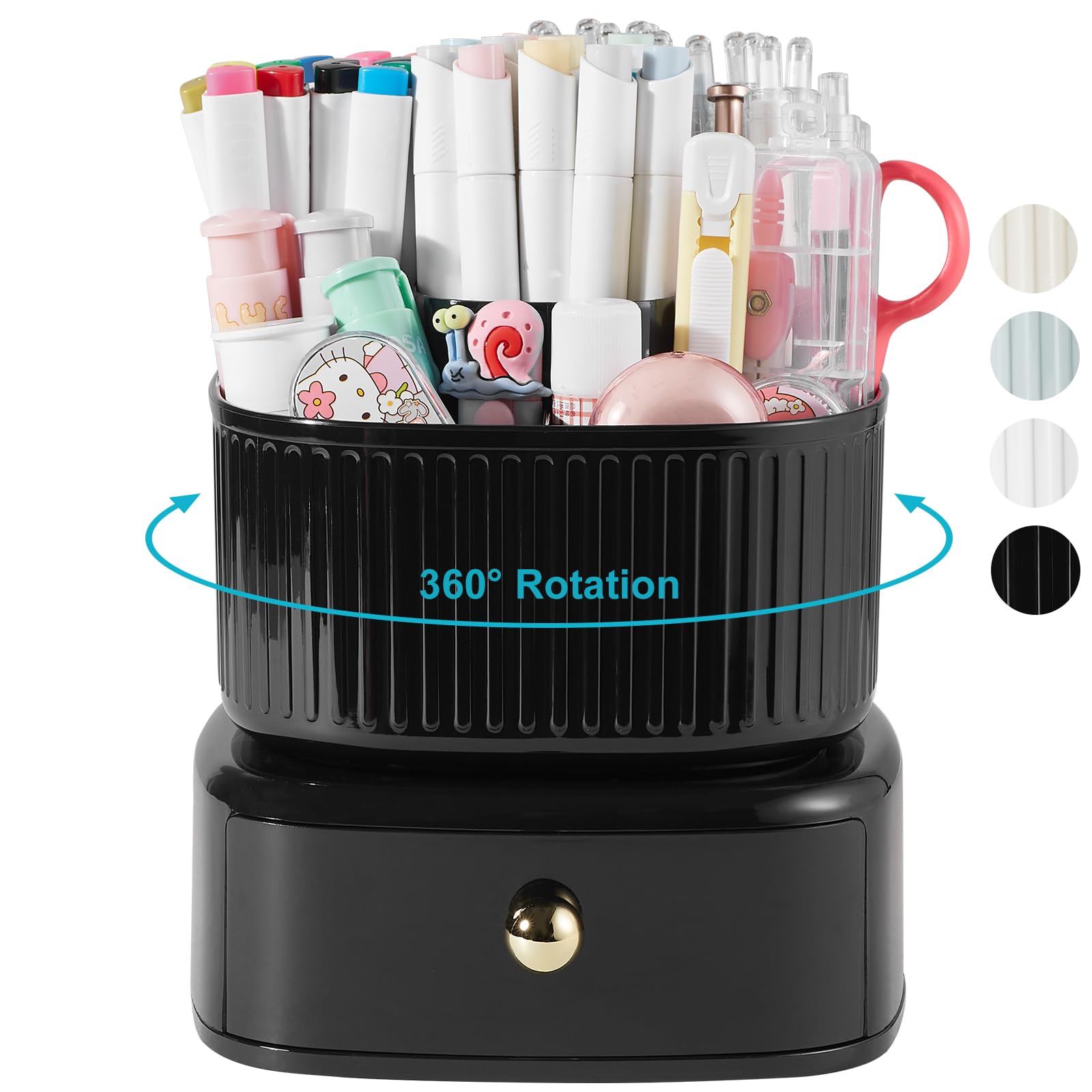 Lolocor Desk Pencil Pen Holder With Drawer, 5 Slots 360 Degree Rotating Pencil Pen Organizers Desk Organizers For Office Accesso