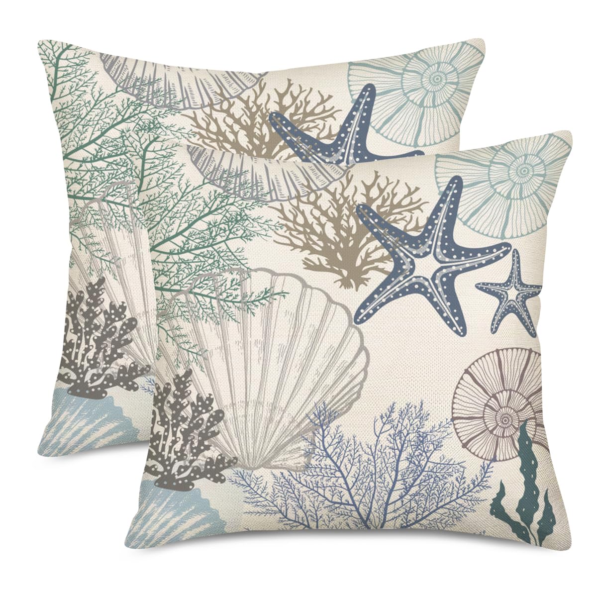Fukeen Summer Beach Throw Pillow Covers 20 X 20 Inch Blue Ocean Sea Shell Coral Conch Starfish Summer Cushion Case For Sofa Couc
