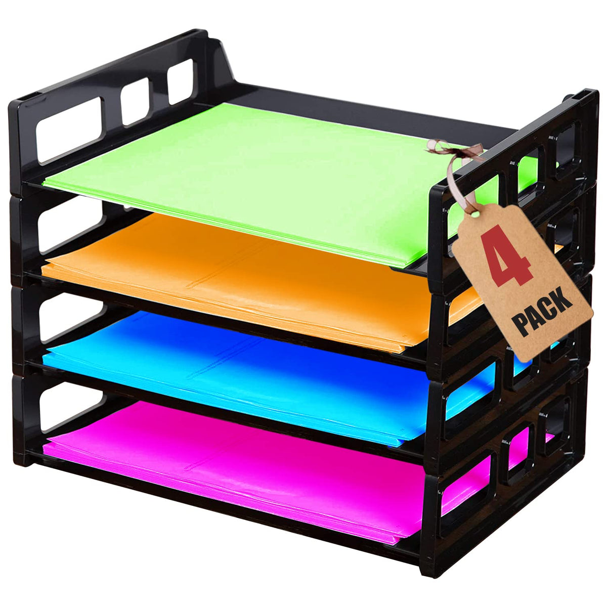 1Intheoffice Stackable Paper Tray Organizer, Plastic Letter Tray, Office Desk Tray, Black (4Pack)