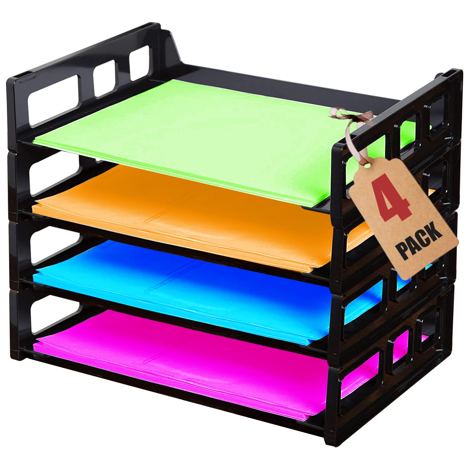 1Intheoffice Stackable Paper Tray Organizer, Plastic Letter Tray, Office Desk Tray, Black (4Pack)