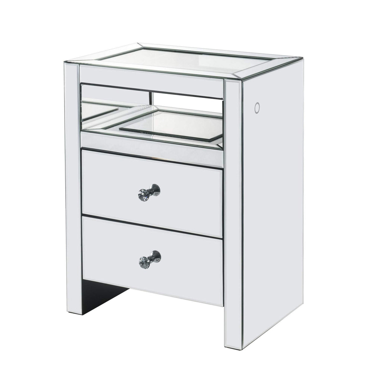 Benjara 2 Drawer Beveled Mirrored Nightstand With Glass Top And Led, Silver