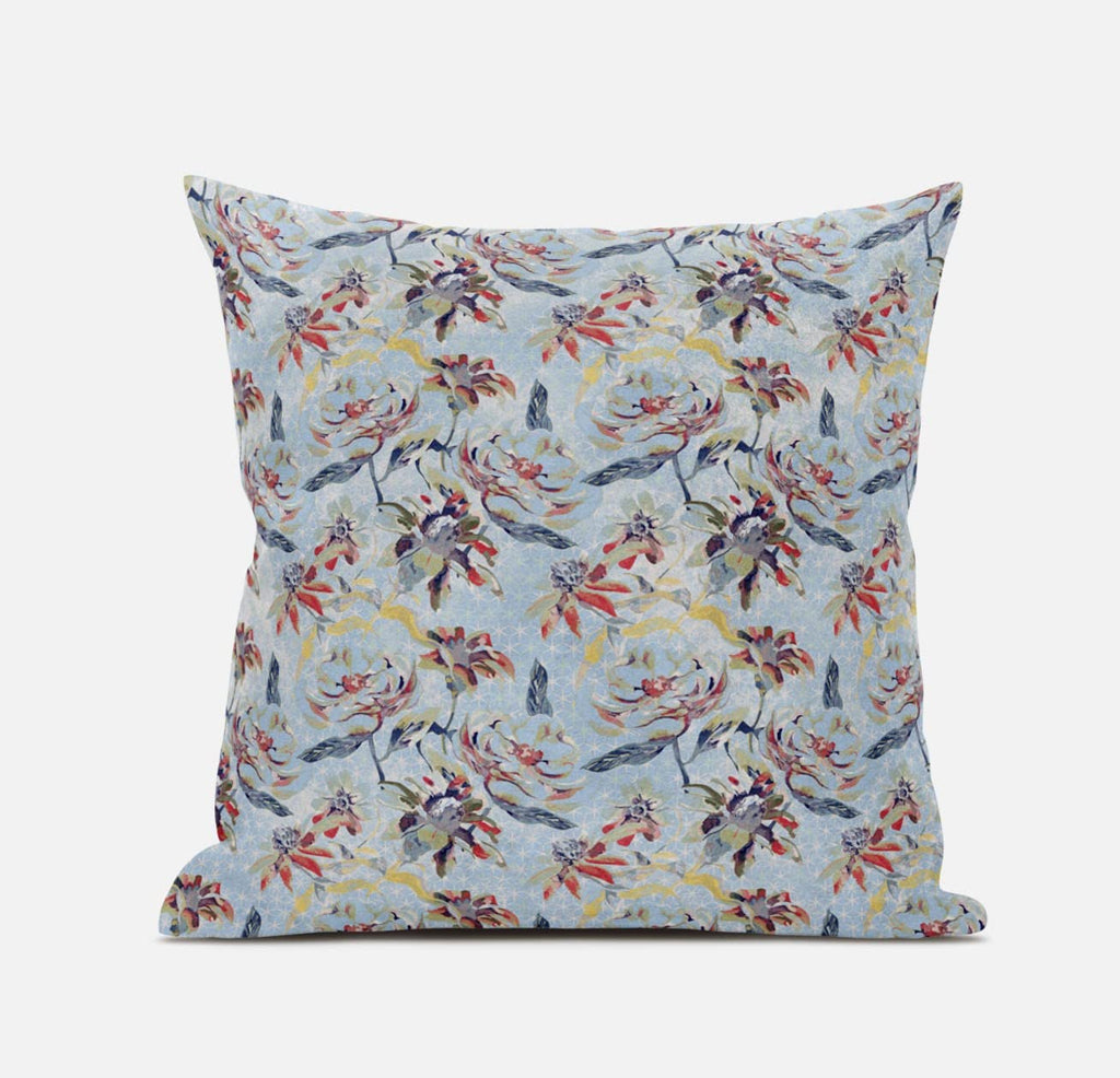 HomeRoots Gray Indigo Red 18' Sky Blue Red Roses Zippered Suede Throw Pillow