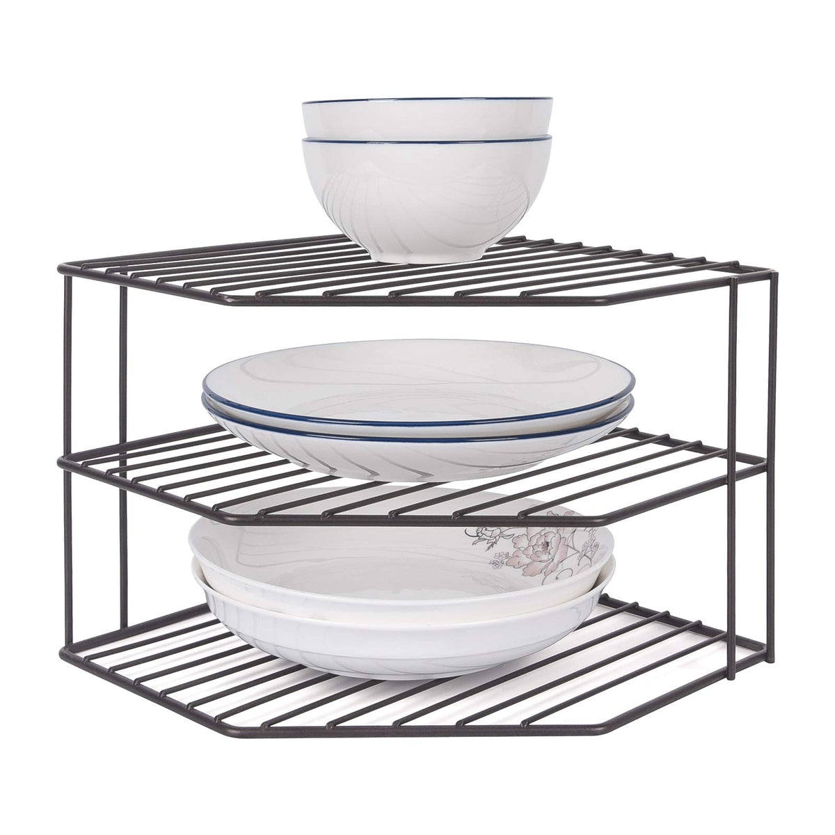 3-Tier Corner Shelf Counter and Cabinet Organizer - Steel Metal Wire - Rust Resistant - Plates, Dishes, Cabinet & Pantry Organiz