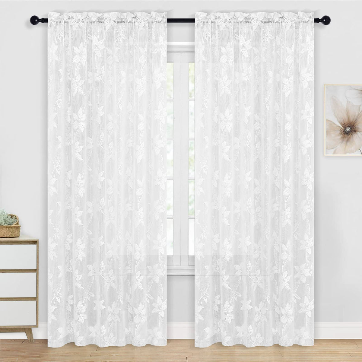Dwcn White Floral Lace Sheer Curtains - 90 Inches Long Floral Lace Design Rod Pocket Window Voile Sheer Drapes For Bedroom Livin
