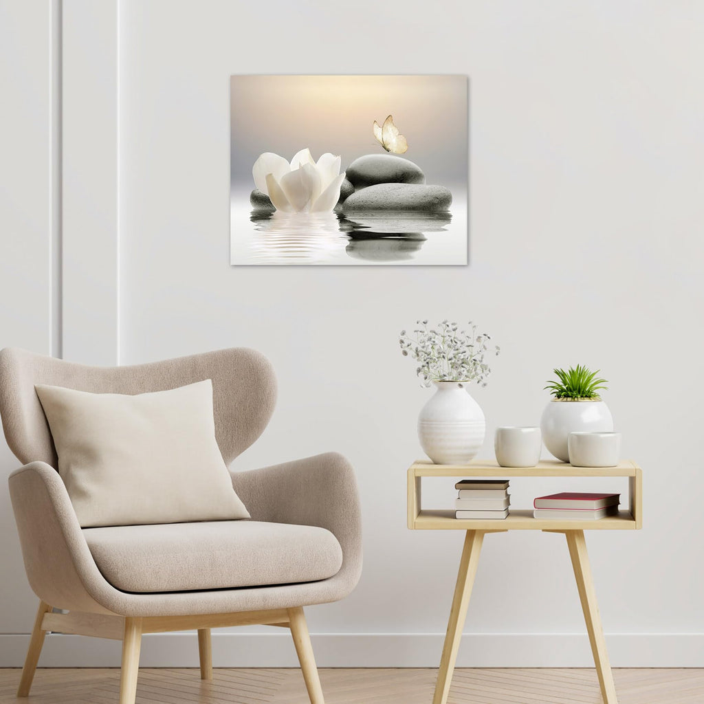 Eobtain Zen Water Lily Canvas Wall Art White Floral And Yellow Butterfly On Stone Bedroom Wall Decor Modern Spiritual Yoga Spa P