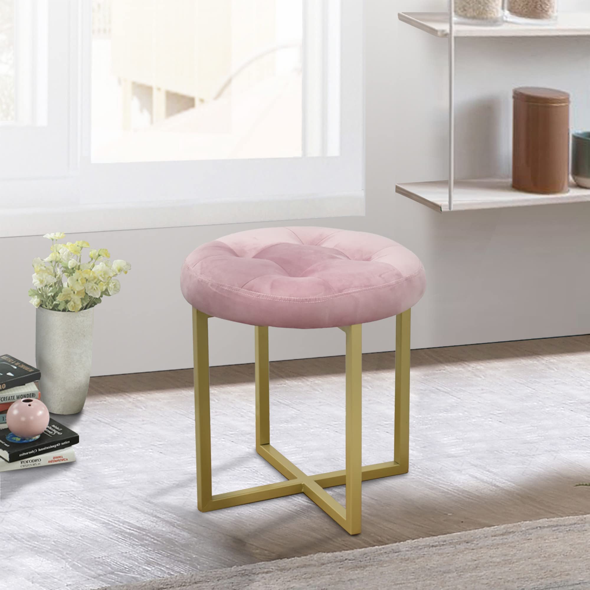 HomeRoots Pink + Matte Gold Metal + Fabric w/Polyurethane Foam Pad 17' Pink Tufted Velvet and Gold Stool