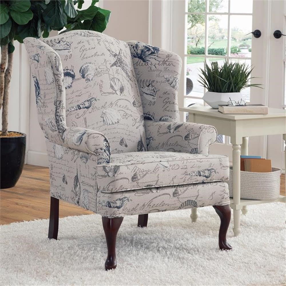 Oceanside Gray Coastal Patterned Polyester Fabric Wing Back Accent Chair