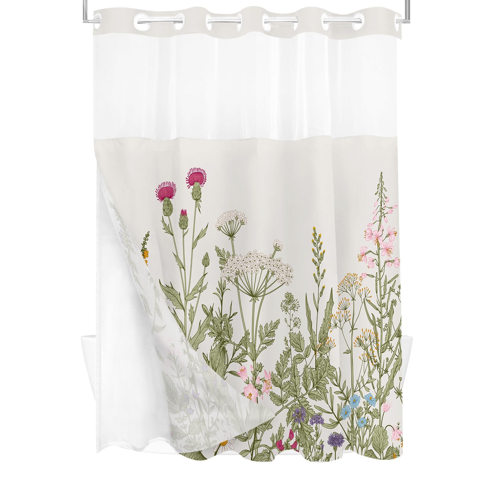 Tititex No Hooks Snap In Liner Vintage Wildflower Botanical Herbs Shower Curtain Sets, Hotel Luxury Double Layers Waterproof Fab