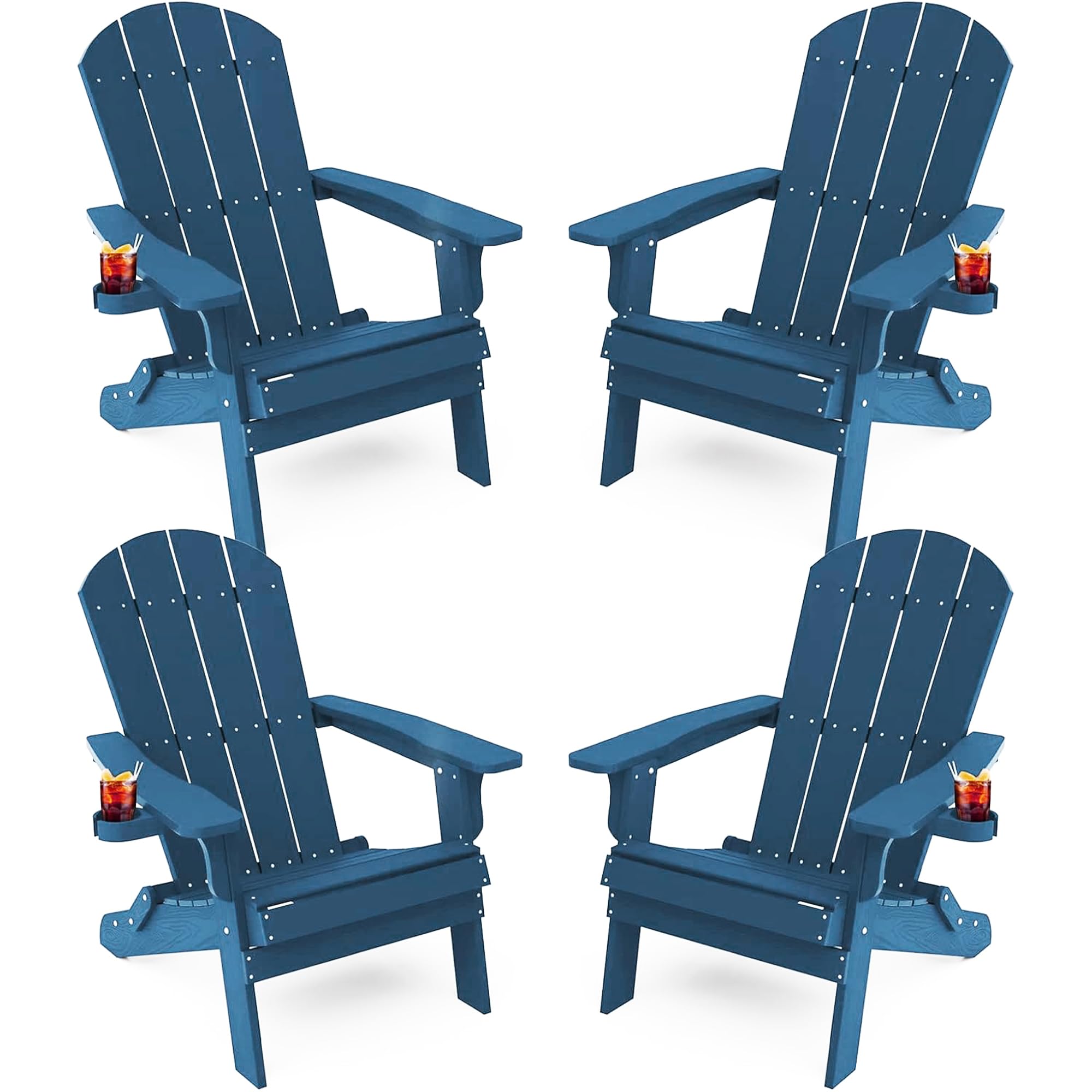 Yefu Adirondack Chair, Foldable Oversized Plastic Adirondack Chair Set Of 4 With Cup Holder, Patio Chair With Weather Resistant For Outside Deck Lawn, Weight Capacity Up To 400 Lbs –Navy