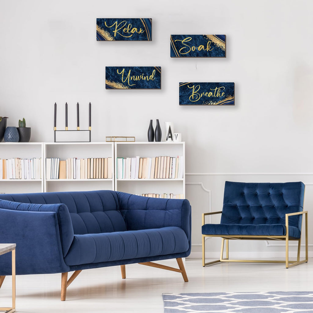 Onizhity 4 Pcs Blue And Gold Bathroom Decor Navy Blue Gold Wall Decor Relax Soak Unwind Breathe Wooden Rustic Marble Style Versa