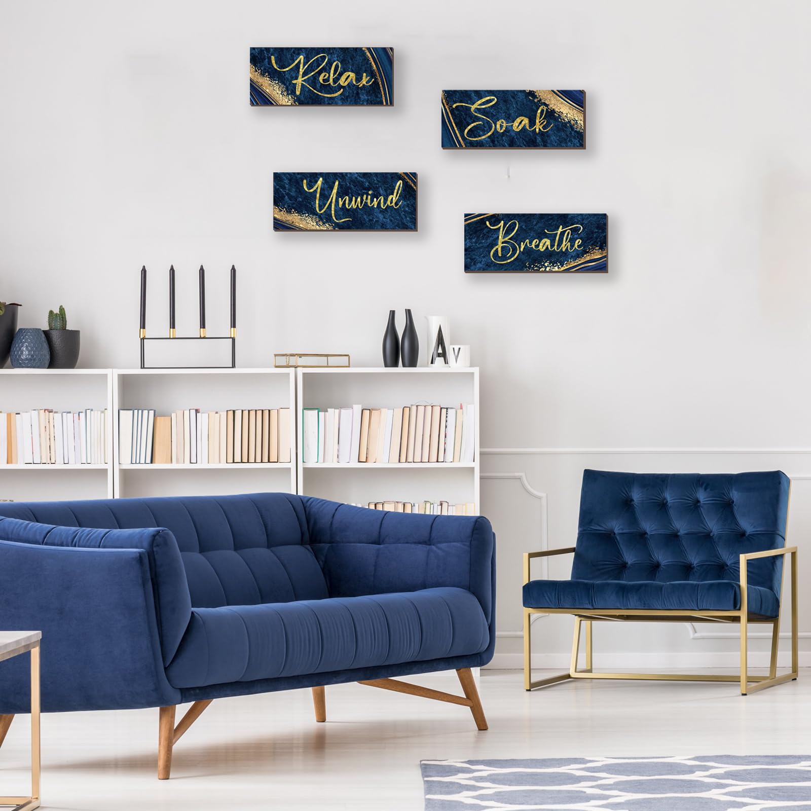 Onizhity 4 Pcs Blue And Gold Bathroom Decor Navy Blue Gold Wall Decor Relax Soak Unwind Breathe Wooden Rustic Marble Style Versa