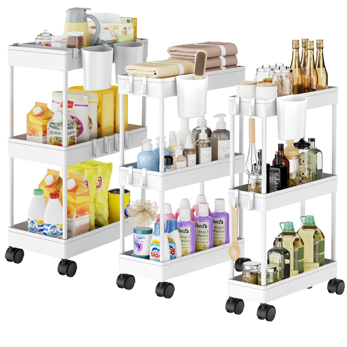 Slim Storage Cart, 3 Pack Narrow Bathroom Cart For Small Space Storage With Plastic Basket Small Rolling Cart With Movable Parti