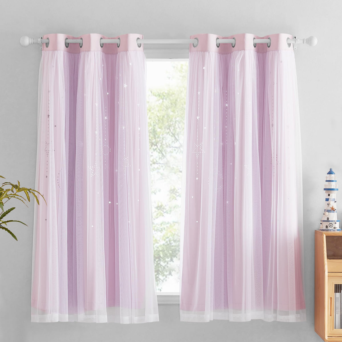 Nicetown Short Curtains For Kids Bedroom, Double Layer Curtains 63 Inches Long Moon Star Cutout Girls Ombre Curtains With Sheer