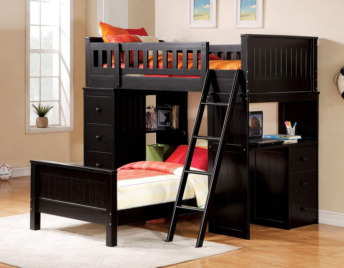 HomeRoots Wood (Solid), MDF, LVL, P 79' X 42' X 66' Black Wood Loft Bed