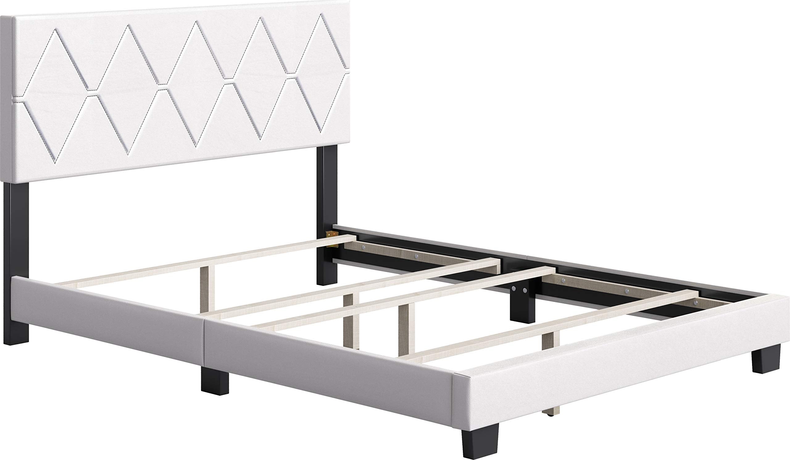 Boyd Sleep Charlat Upholstered Platform Bed with Headboard and Durable Mattress Foundation with Strong 4 Wood Slat Supports, Box Spring Required: Full, White