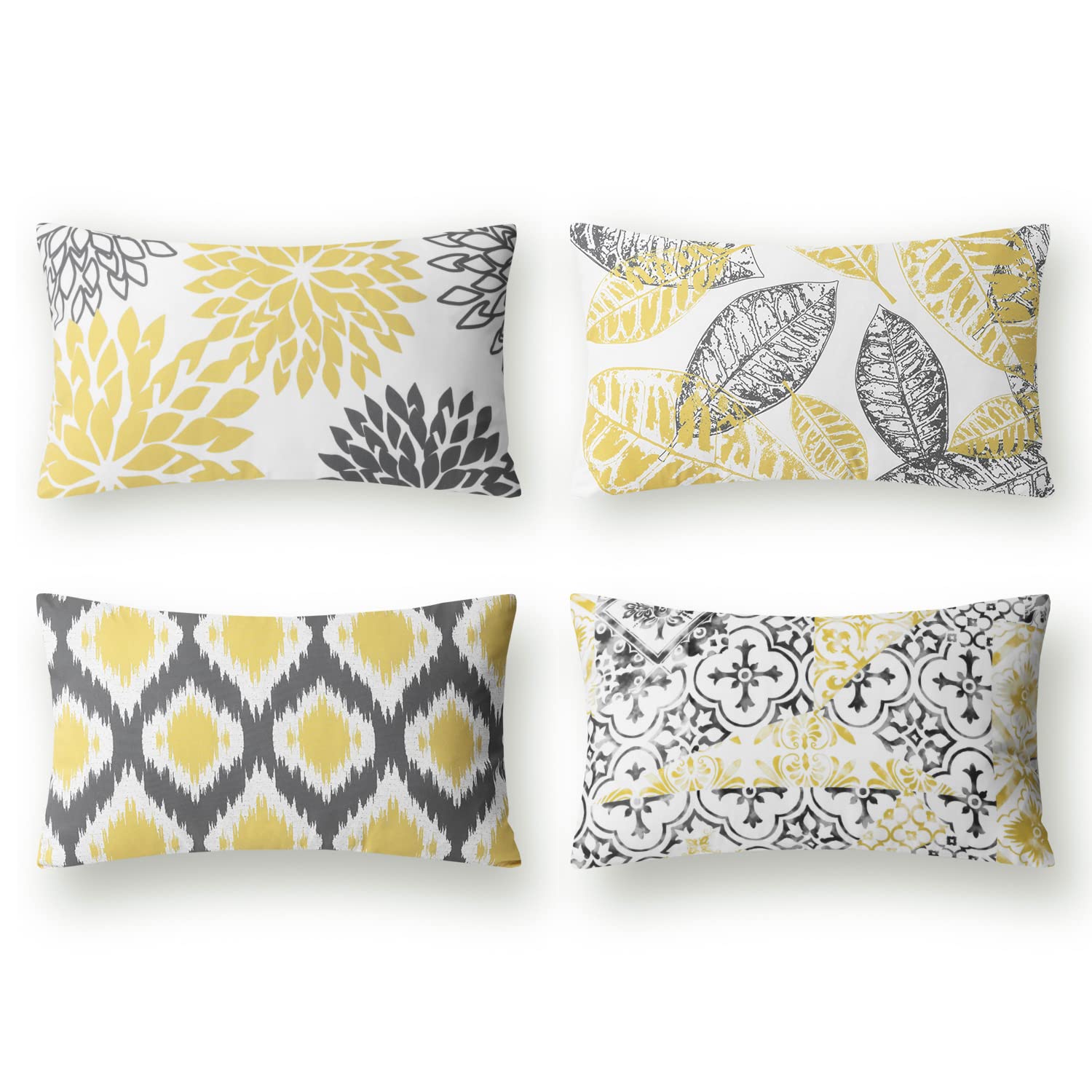Phantoscope Set Of 4 New Living Series Leaf Geometric Throw Decorative Pillow Cover Cushion Cover, Yellow And Grey, 12 X 20 Inch