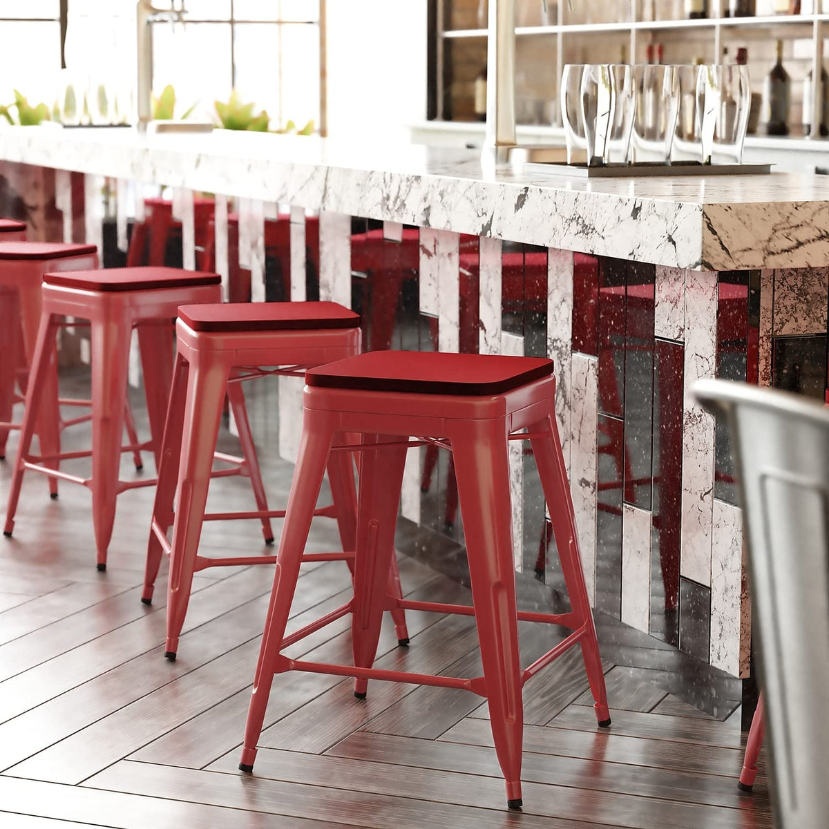 Flash Furniture Kai Commercial Grade Indoor-Outdoor Counter Height Stool - Red Metal Frame - Red Poly Resin Seat - 24&quot; High - Backless