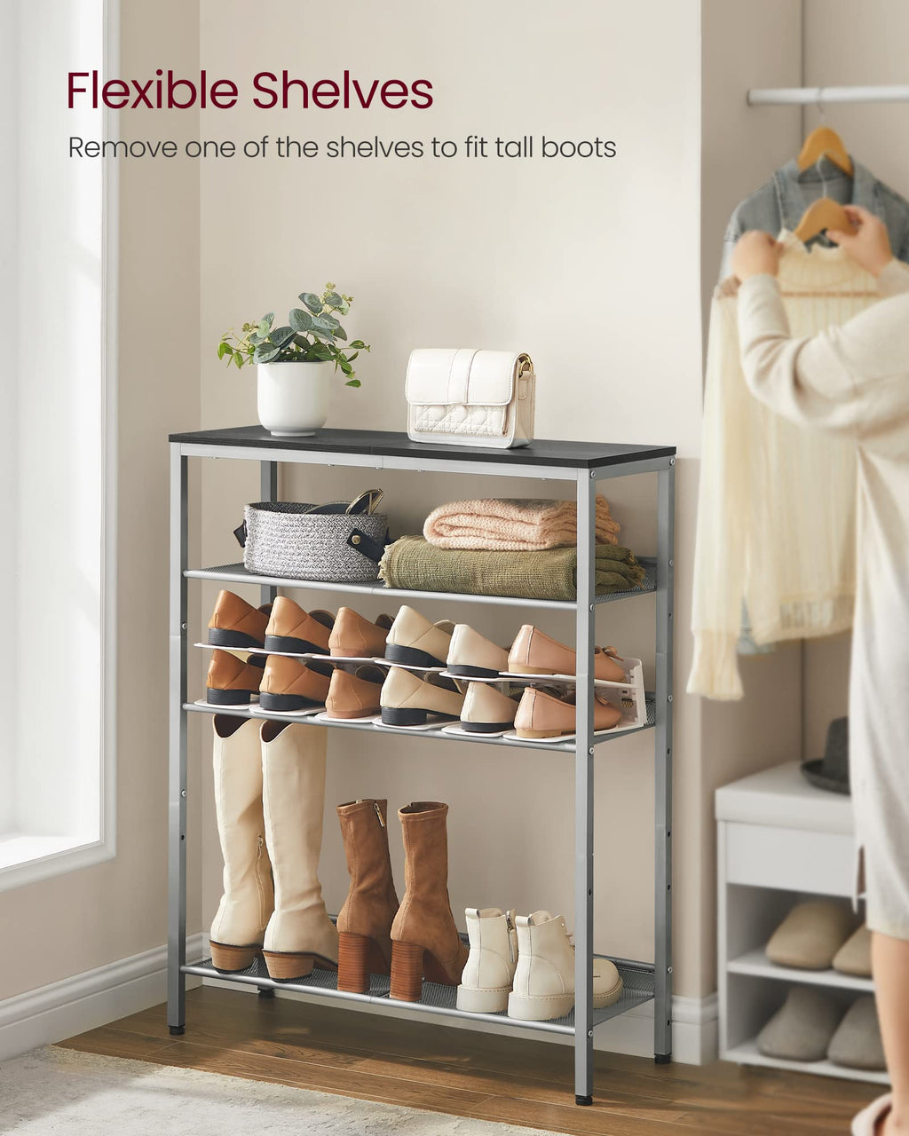 VASAGLE 5-Tier Shoe Rack Organizer - Charcoal Grey & Metallic Silver, Freestanding, Adjustable Storage Shelves for Entryway ULBS038E22