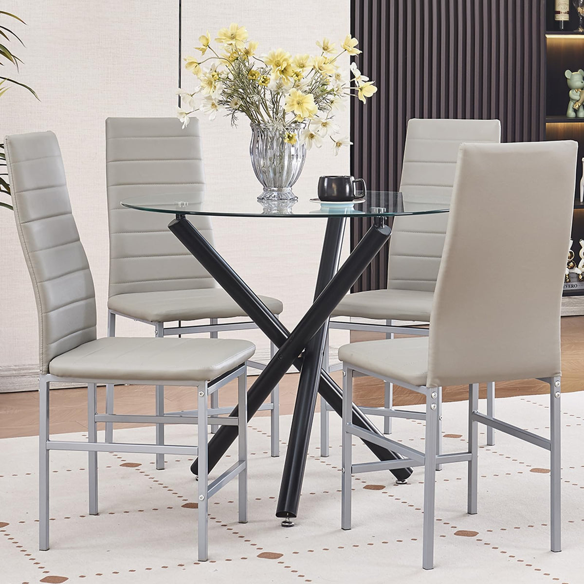 Peitaiko 5-Piece Round Glass Dining Room Set For 4,Black Tempered Glass Kitchen Table & Gray Pu Chairs For For Dining Dinette/Ap