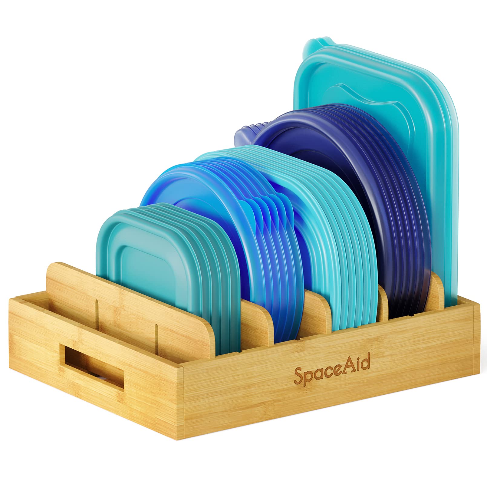 SpaceAid Bamboo Lid Organizer, Kitchen Pantry Lid Holder with 5 Adjustable Dividers for Cabinets, Food Storage Container Organiz