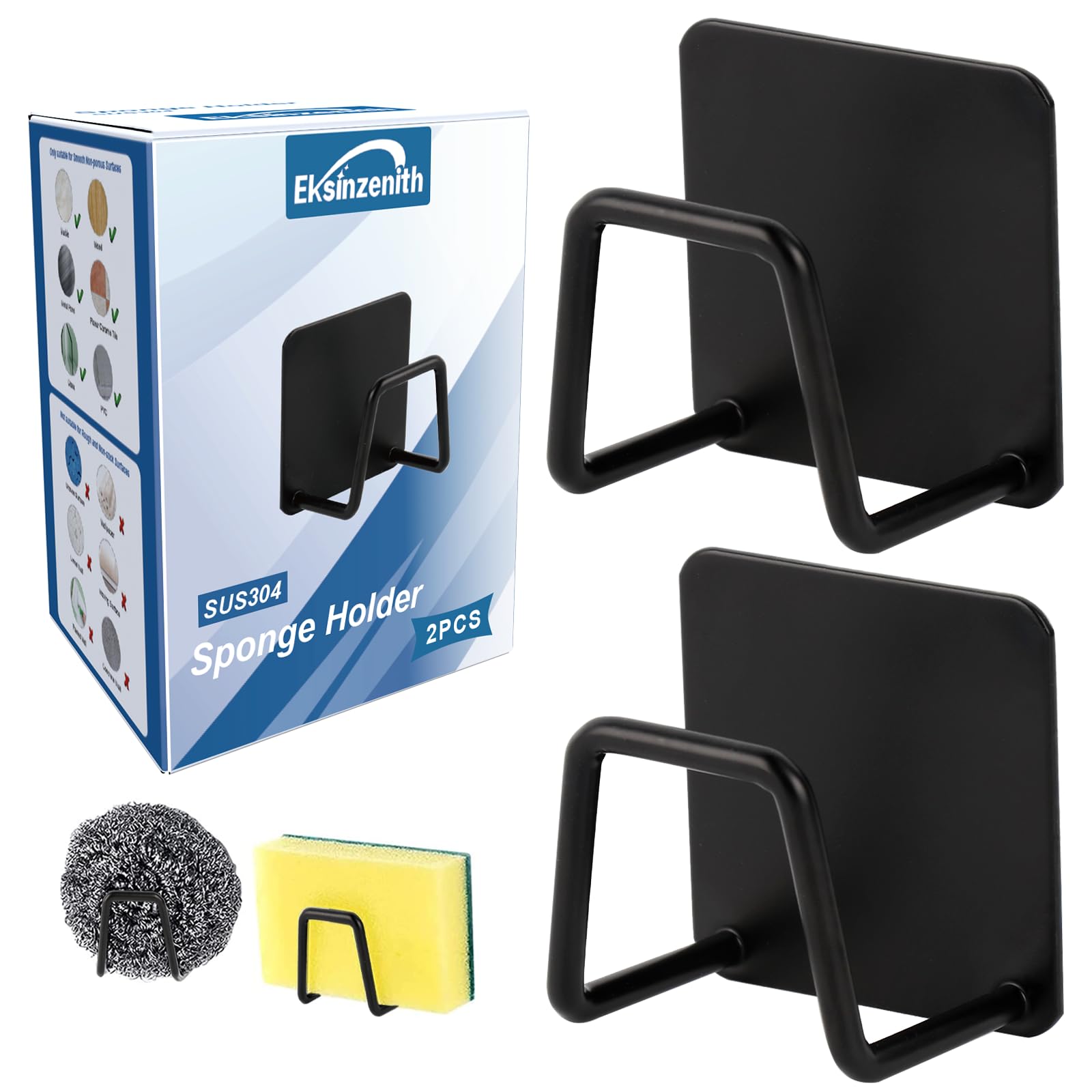 2Pcs Sponge Holder for Kitchen Sink, Strong Adhesive Sponge Holder for Sink Counter, Dish Sponge and Brush Organization Holder, 