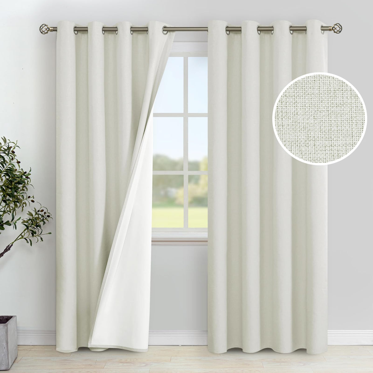YoungsTex Linen 100% Blackout Curtains for Bedroom Living Room, Ivory Linen Textured Grommet Thermal Insulated Full Room Darkeni