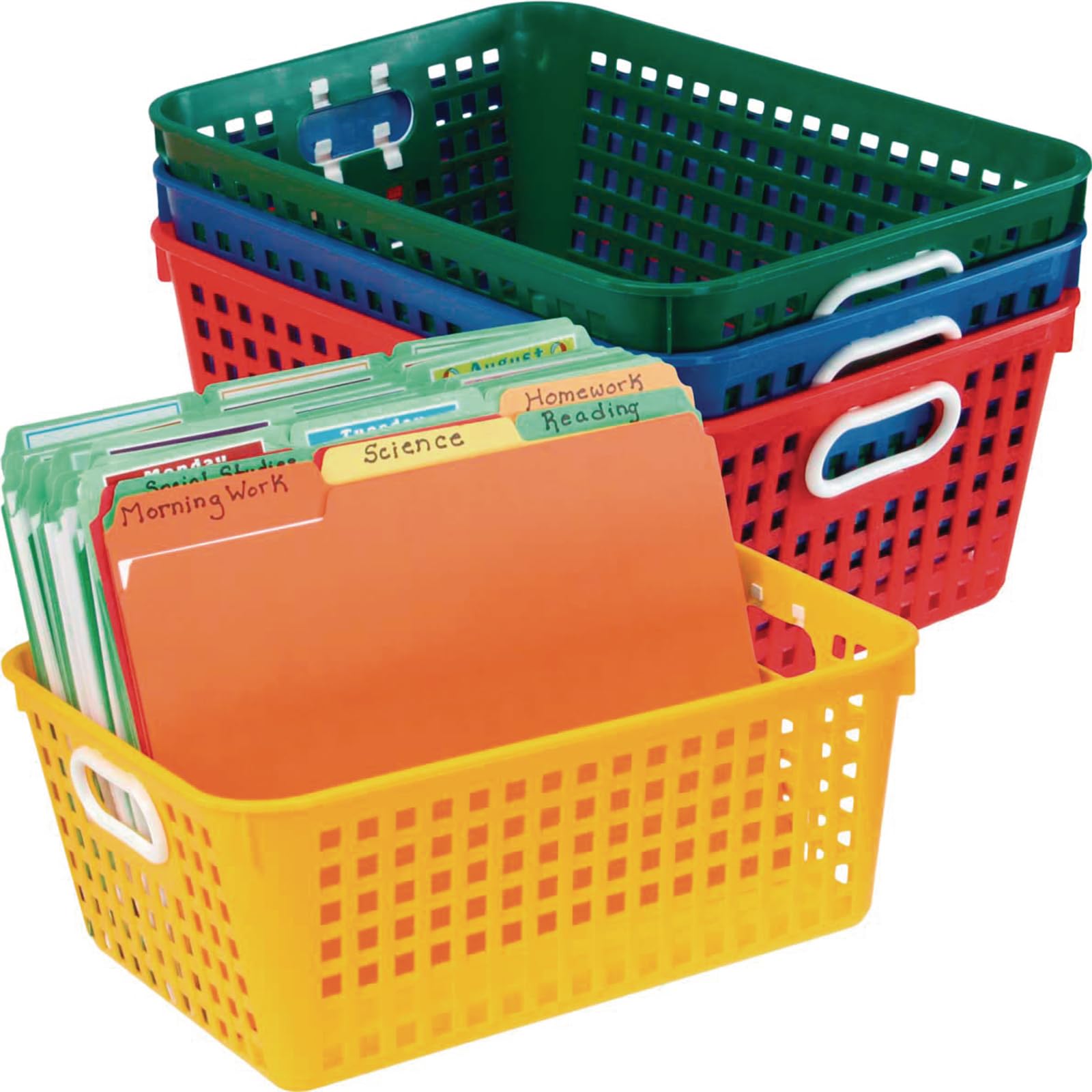 Really Good Stuff Plastic Storage Baskets - 4 Pack - Assorted Primary Colors, Stackable Mesh Baskets with Grip Handles - Classro