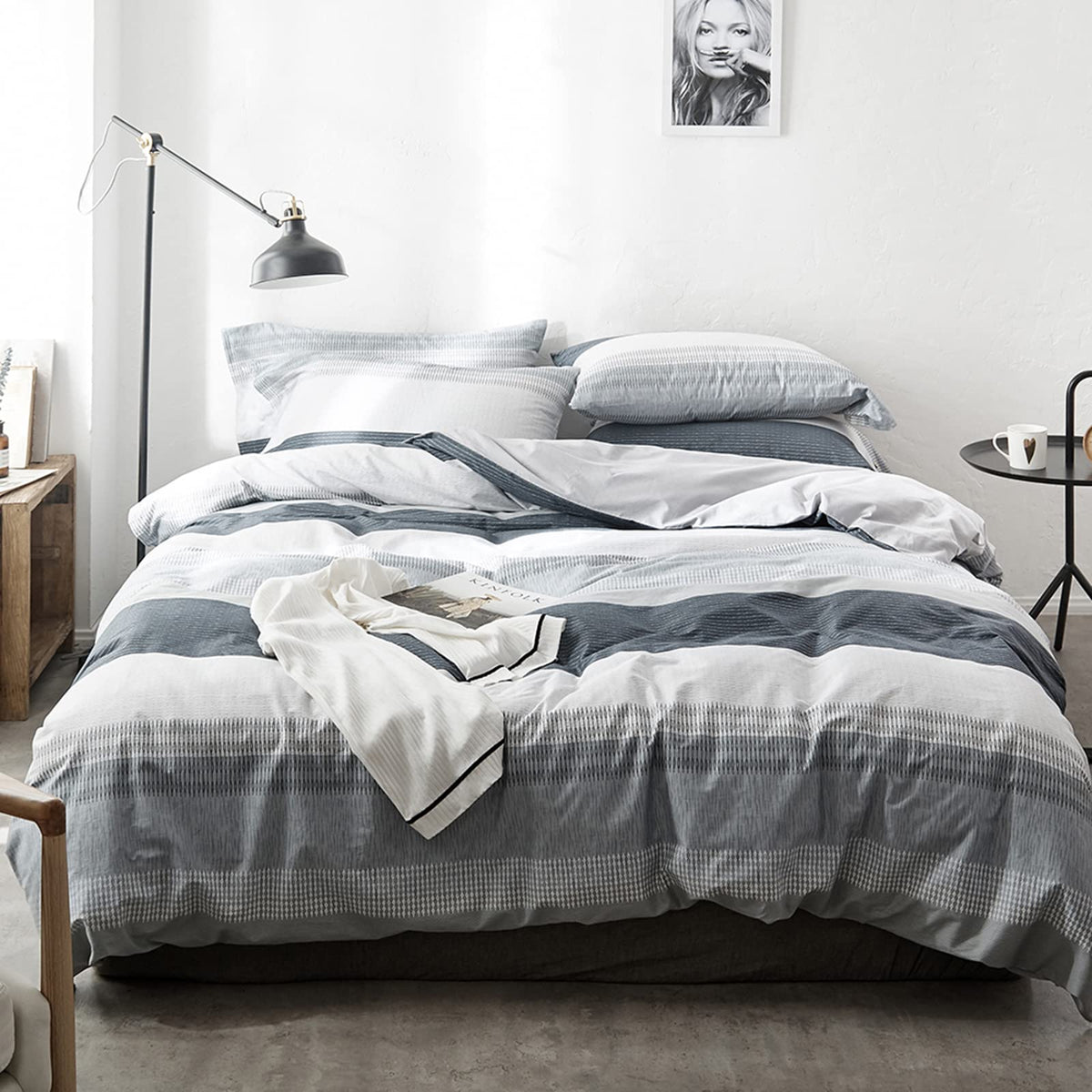 Highbuy Stripe Duvet Cover Queen Geometric Comforter Duvet Cover Grey White Cotton Bedding Sets Full Queen Grey Comforter Cover