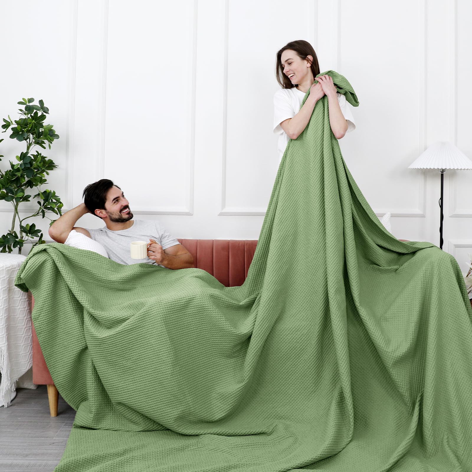 Phf 100% Cotton Waffle Weave Blanket Oversized King Size 120'X 120'-Lightweight Washed Soft Breathable Oversize Huge Blanket-Extra Large Big Blanket For Couch Bed Sofa-Aesthetic Home Decor-Loden Green