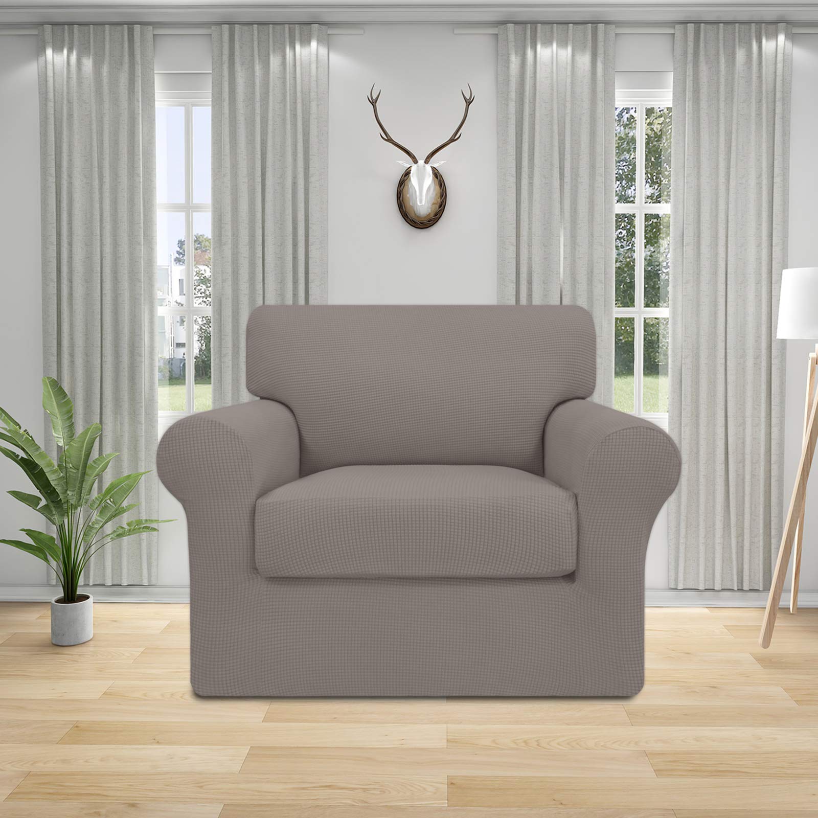 Easy-Going 2 Pieces Stretch Couch Cover Sofa Cover For Dogs Washable Sofa Slipcover For Separate Cushion Couch Spandex Jacquard Fabric Elastic Furniture Protector For Pets,Kids (Taupe, Chair)