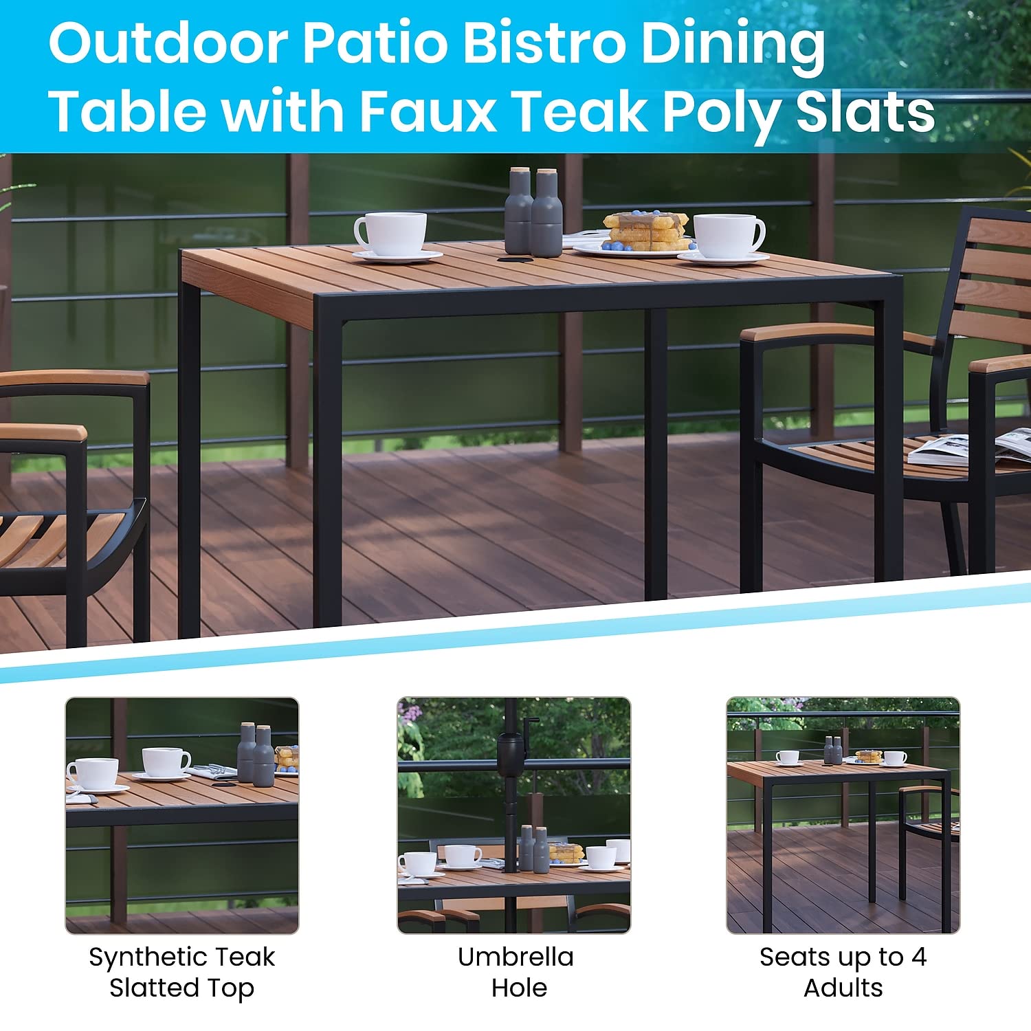 Flash Furniture Lark Outdoor Steel Dining Table - Faux Teak Poly Slatted Top - Commercial Grade Dining Table with Black Frame - 35" Square - Umbrella Holder Hole