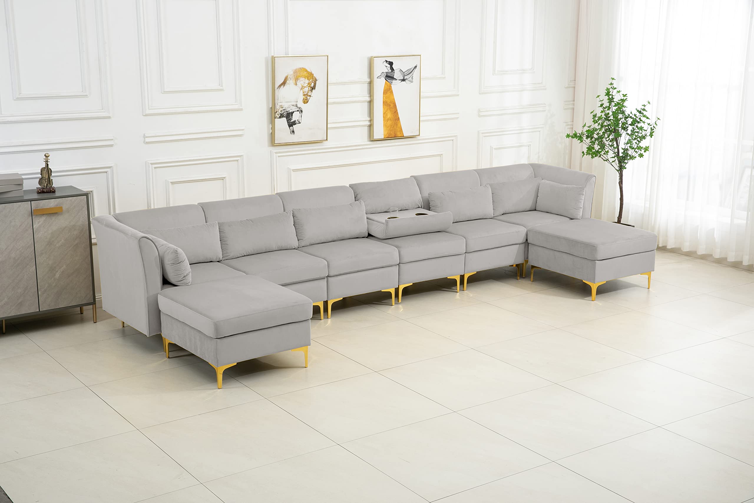 Lilola Home Jaka Light Gray Woven Fabric 6-Seater Sofa with Dropdown Table and Ottoman