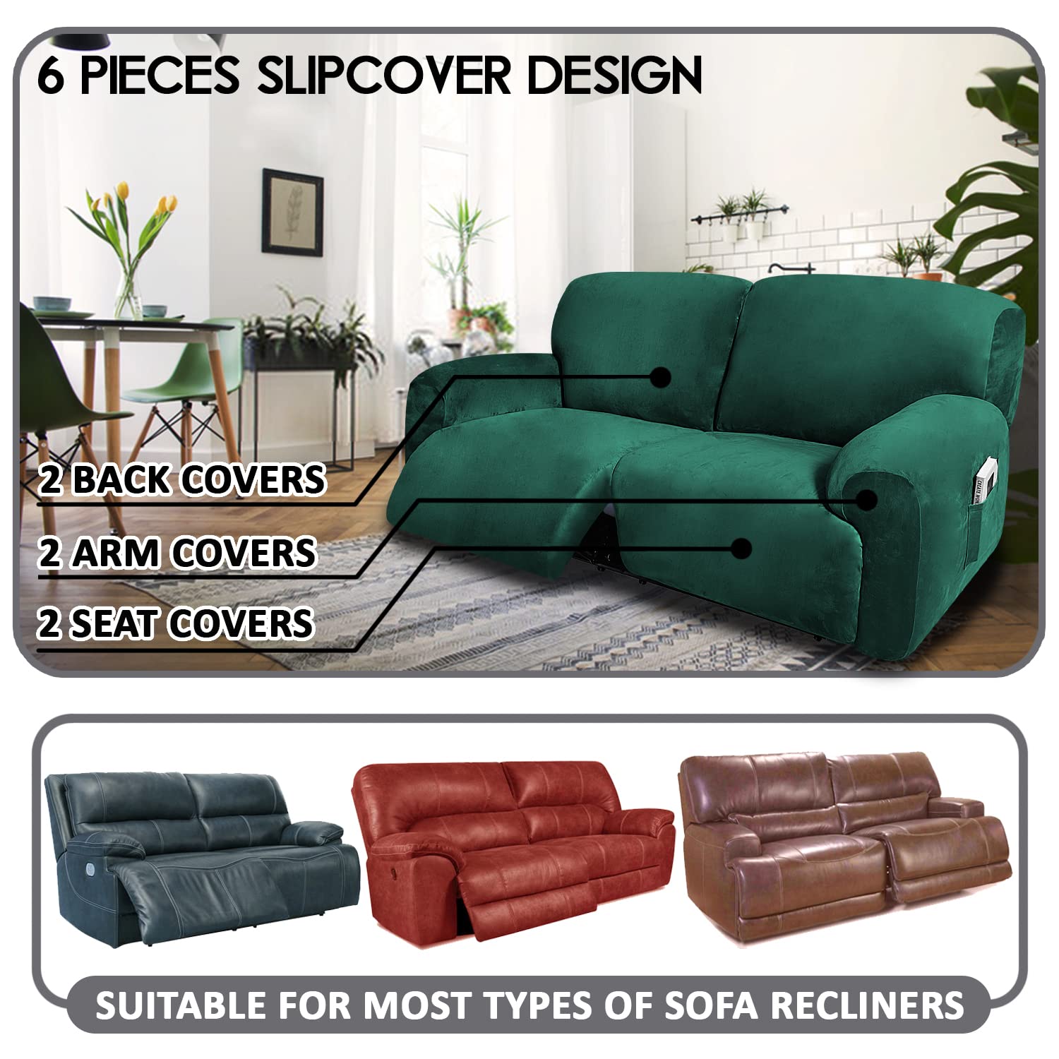 Ulticor Extra Wide 75'' - 100'', Reclining 2 Seater Sofa Cover, Extra Wide Reclining Love Seat Slipcover, 6-Piece Velvet Stretch