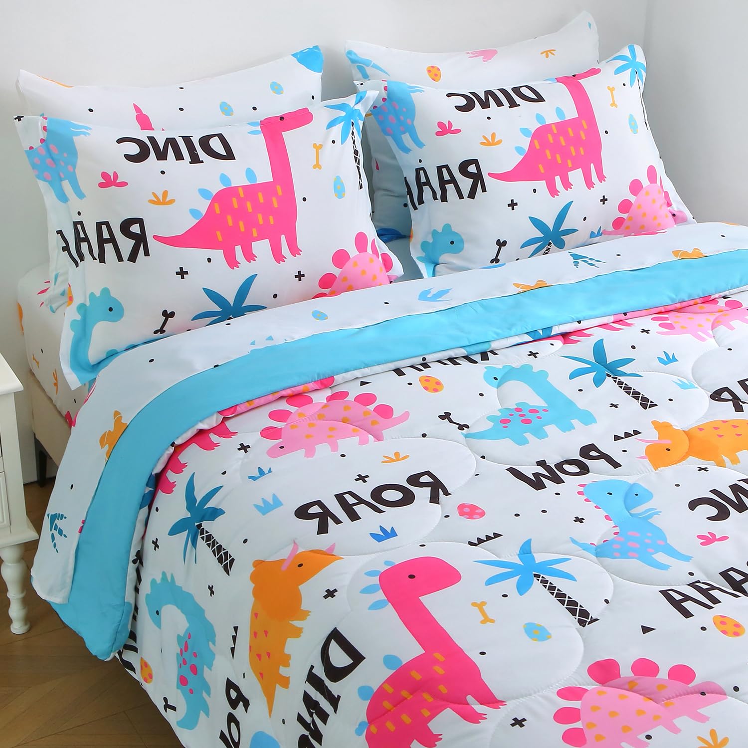 Wajade 7 Piece Kid Girls Dinosaur Comforter Set Twin Size 3D Pink Dinosaur Wild Park Jungle Print Bedding Set With Comforter, Sh