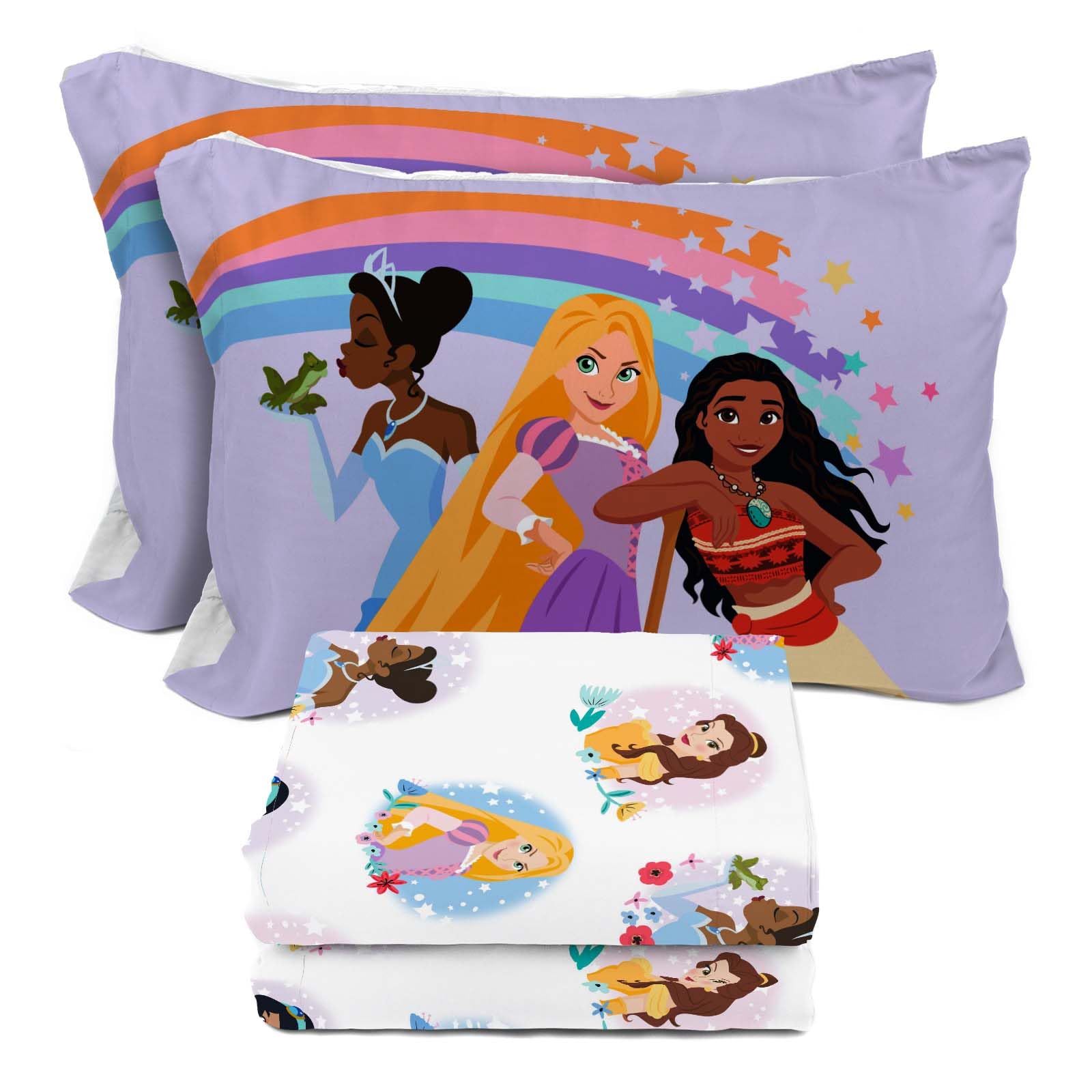 Sunny Side Up Disney Princess Full Sheet Set - 4 Piece Kids Bedding Set Includes Pillow Cover - Super Soft Rainbow Microfiber Sh