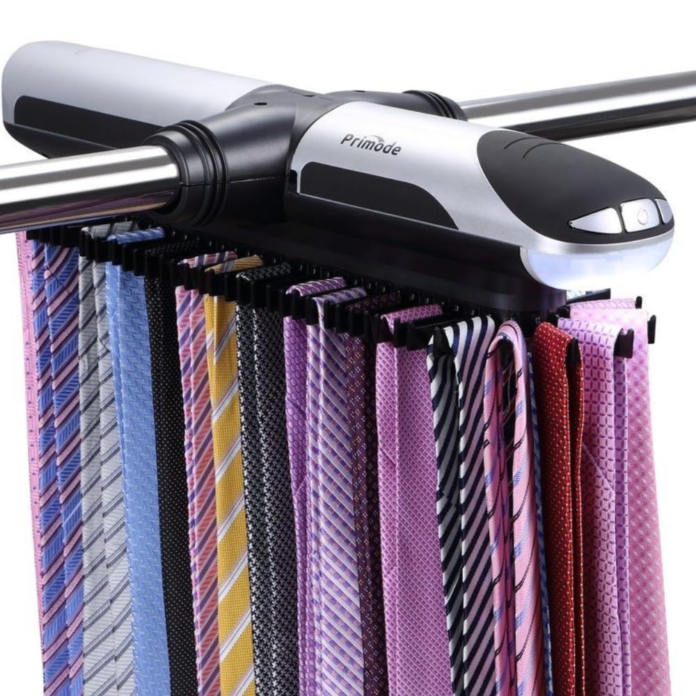 Primode Motorized Tie Rack Closet Organizer with LED Lights Includes J Hooks for Wired Shelving Stores Up to 72 Ties & 8 Belts O