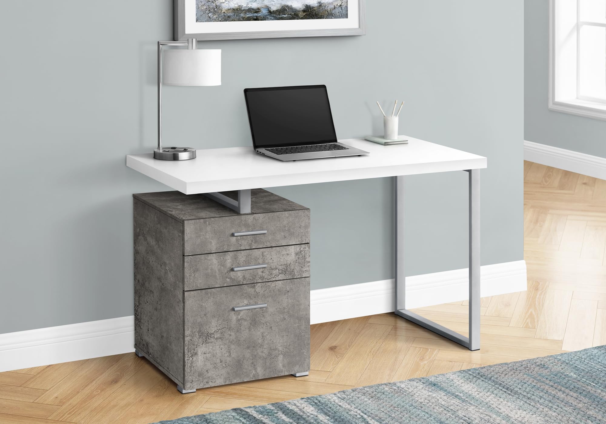 Monarch Specialties I 7648 Computer Desk, Home Office, Laptop, Left, Right Set-Up, Storage Drawers, 48&quot; L, Work, Metal, Laminate, Grey, White, Contemporary