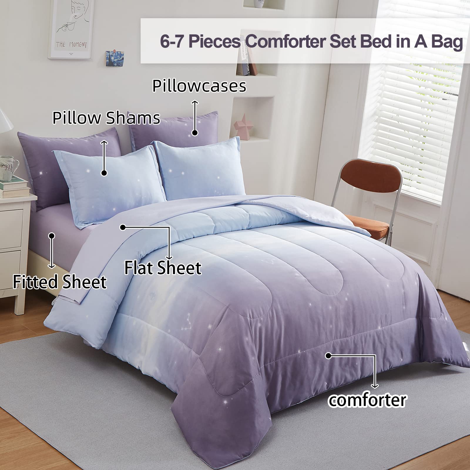 Girls Comforter Set Twin Size 6 Pieces Colorful Ombre Purple Rainbow Bedding Set Bed In A Bag For Kids Teen Girls (1 Comforter,