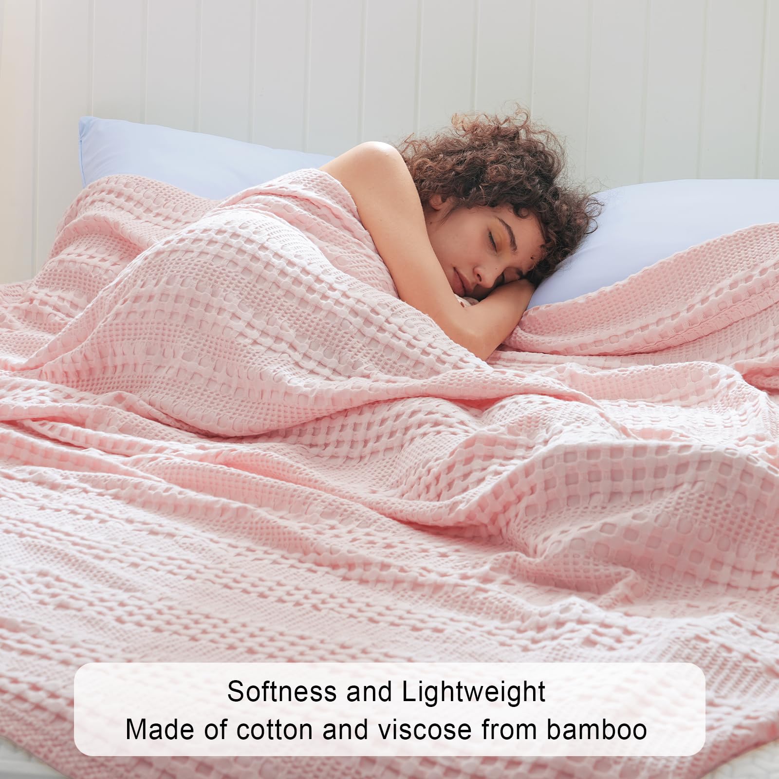 Phf Cooling Waffle Blanket Queen Size, Lightweight 60% Rayon Derived From Bamboo & 40% Cotton Breathable Blanket For Hot Sleepers, Soft And Luxury For Bed Couch And Sofa, 90'X90', Pink