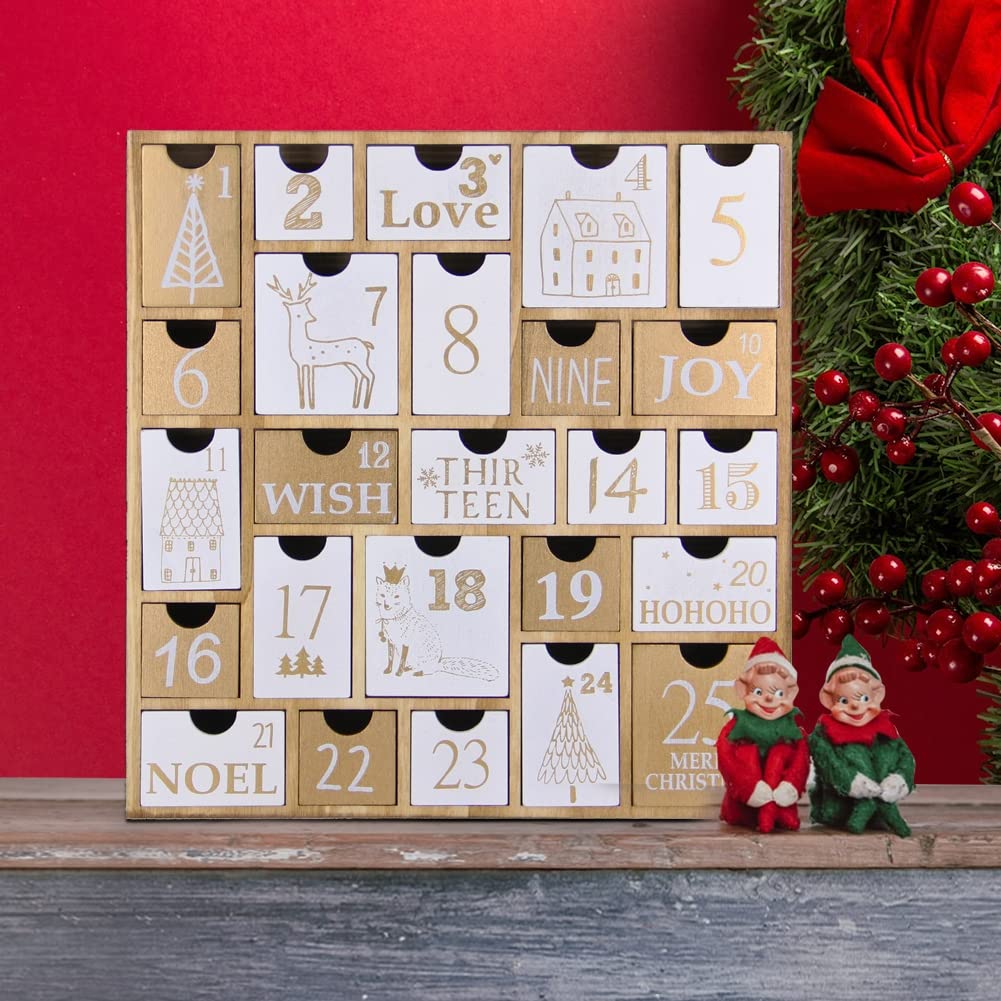 Juegoal Advent Calendar With 25 Drawers Countdown To Christmas, Refillable Wooden Advent Xmas Gift For Kids, 12 Inches Tall