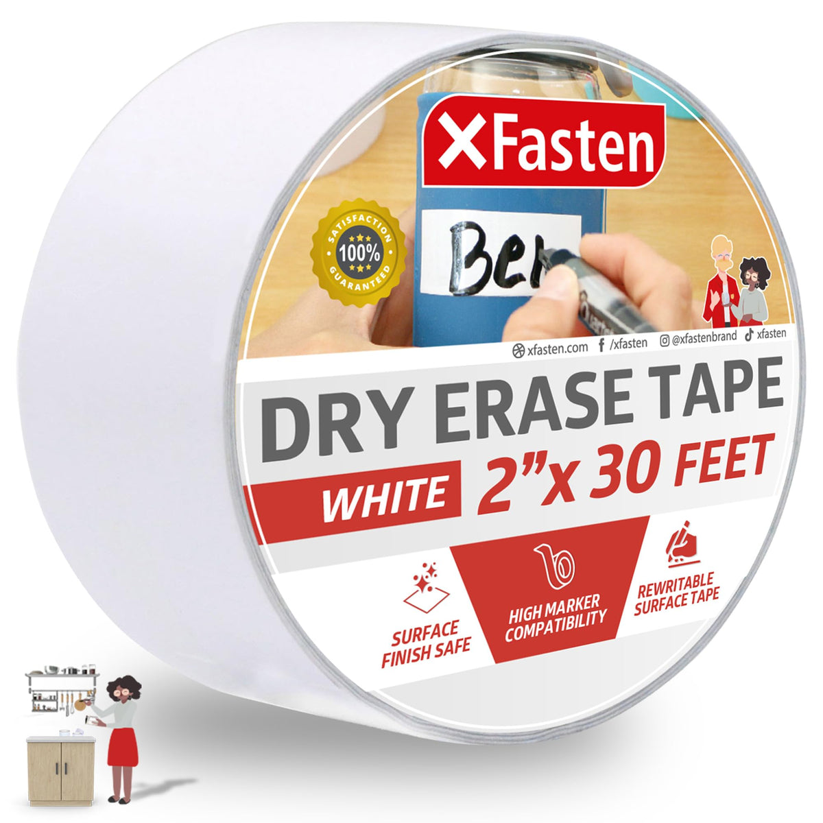 Xfasten Dry Erase Tape White 2-Inch X 30-Feet Zero Smudging Ghosting-Free Whiteboard Tape, Reusable Dry Erase Labels For Storage