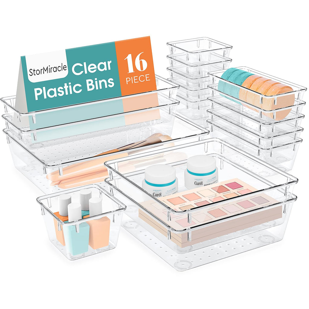StorMiracle 16 PCS Drawer Organizer Set, 5 Varied Size Bathroom and kitchen Drawer cabinet organizer Trays, Clear Storage Bins f