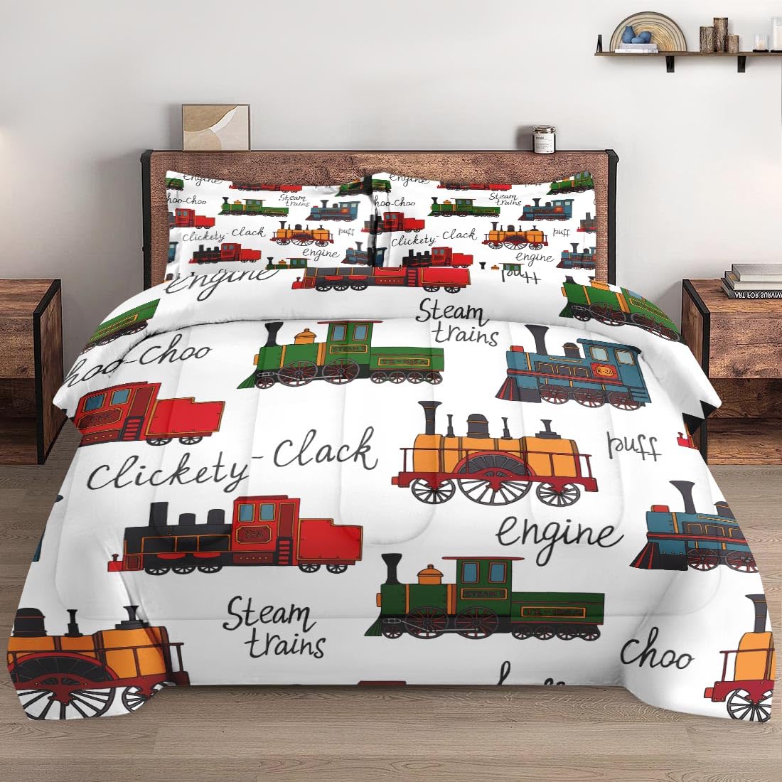 Wecozy Twin Size Comforter Set With Pillowcase, Retro Vintage Train Cute Vehicle Soft 2 Pcs Bedding Set For Kids And Adults Bedr