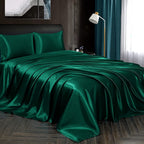 Homiest 3Pcs Satin Sheets Set Luxury Silky Satin Bedding Set With Deep Pocket, 1 Fitted Sheet + 1 Flat Sheet + 1 Pillowcase (Twin Xl Size, Blackish Green)