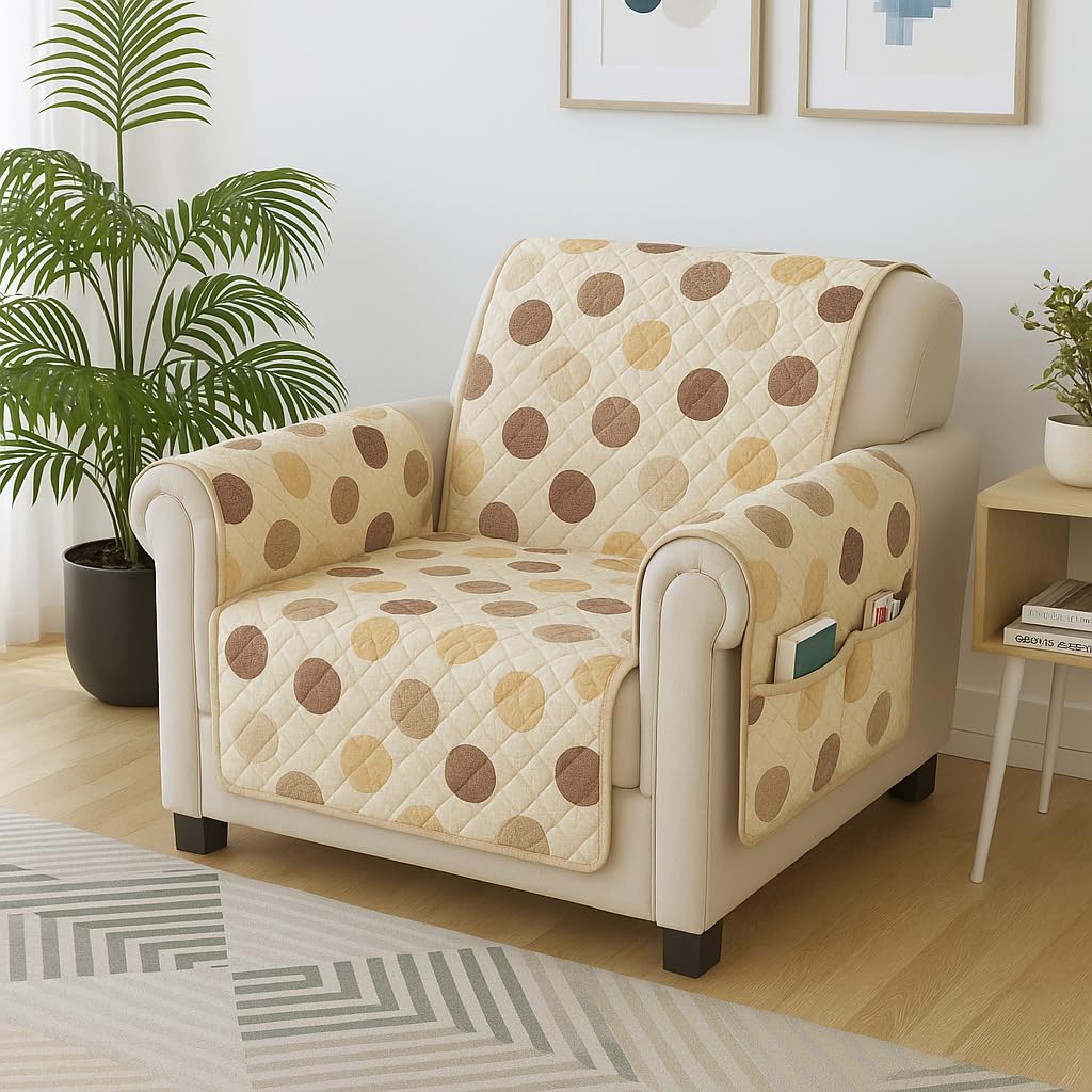 Story@Home Quilted Sofa Cover 1 Seater Fully Covered Stretchable Microfiber Sofa Cover 1 Seater 60 X 175 Cm Beige & White Geomet