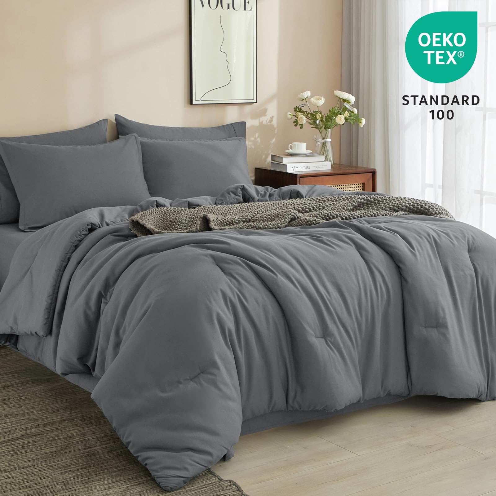 Phf 7 Pieces King Comforter Set, Bed In A Bag Comforter & 18' Sheet Set All Season, Ultra Soft Comfy Bedding Sets With Comforter, Sheets, Pillowcases & Shams, Dark Grey