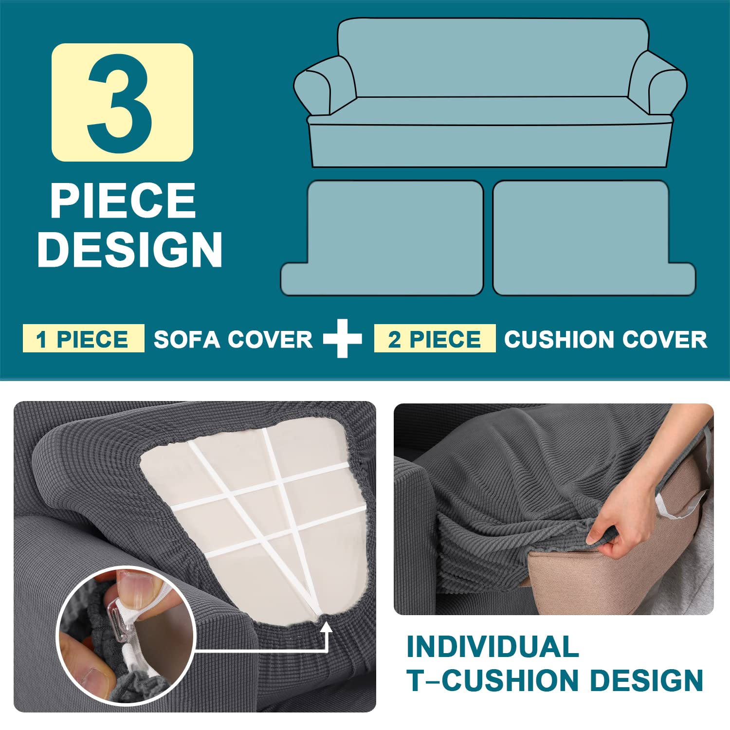 Turquoize 3 Piece T Cushion Loveseat Slipcovers Sofa Cover For 2 Cushion Couch Cover Washable Sofa Slip Cover Furniture Covers With 2 Individual T Cushion Seat Covers (2 Cushion Loveseat, Gray)