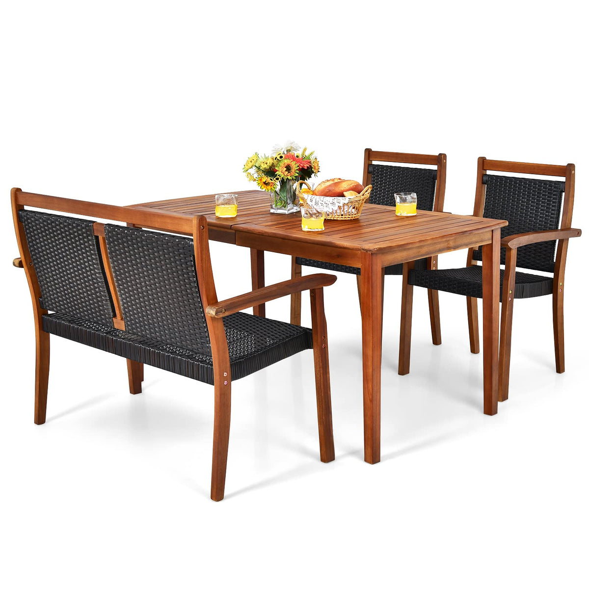 Tangkula 4 Pieces Patio Dining Set For 4, Patiojoy Space-Saving Outdoor Acacia Wood Dining Table And Pe Rattan Chairs Set With 1.9” Umbrella Hole, For Garden, Backyard, Deck, Poolside, Balcony