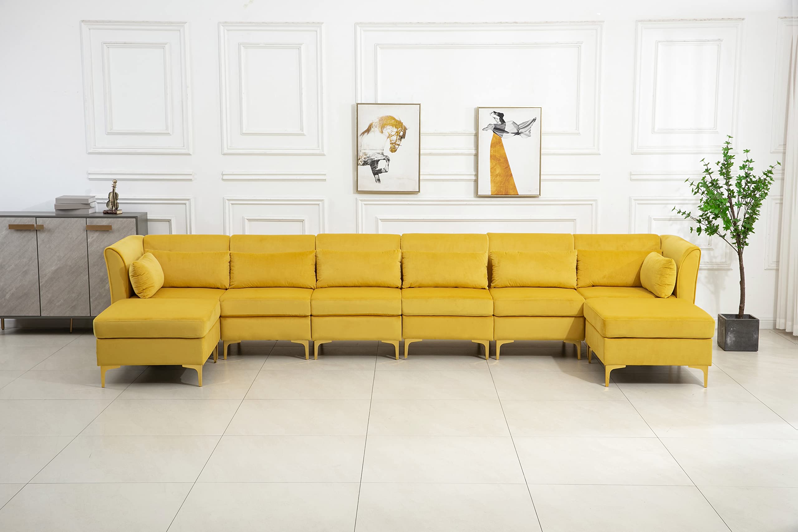 Lilola Home Jaka Yellow Woven Fabric 6-Seater Sofa with Dropdown Table and Ottoman